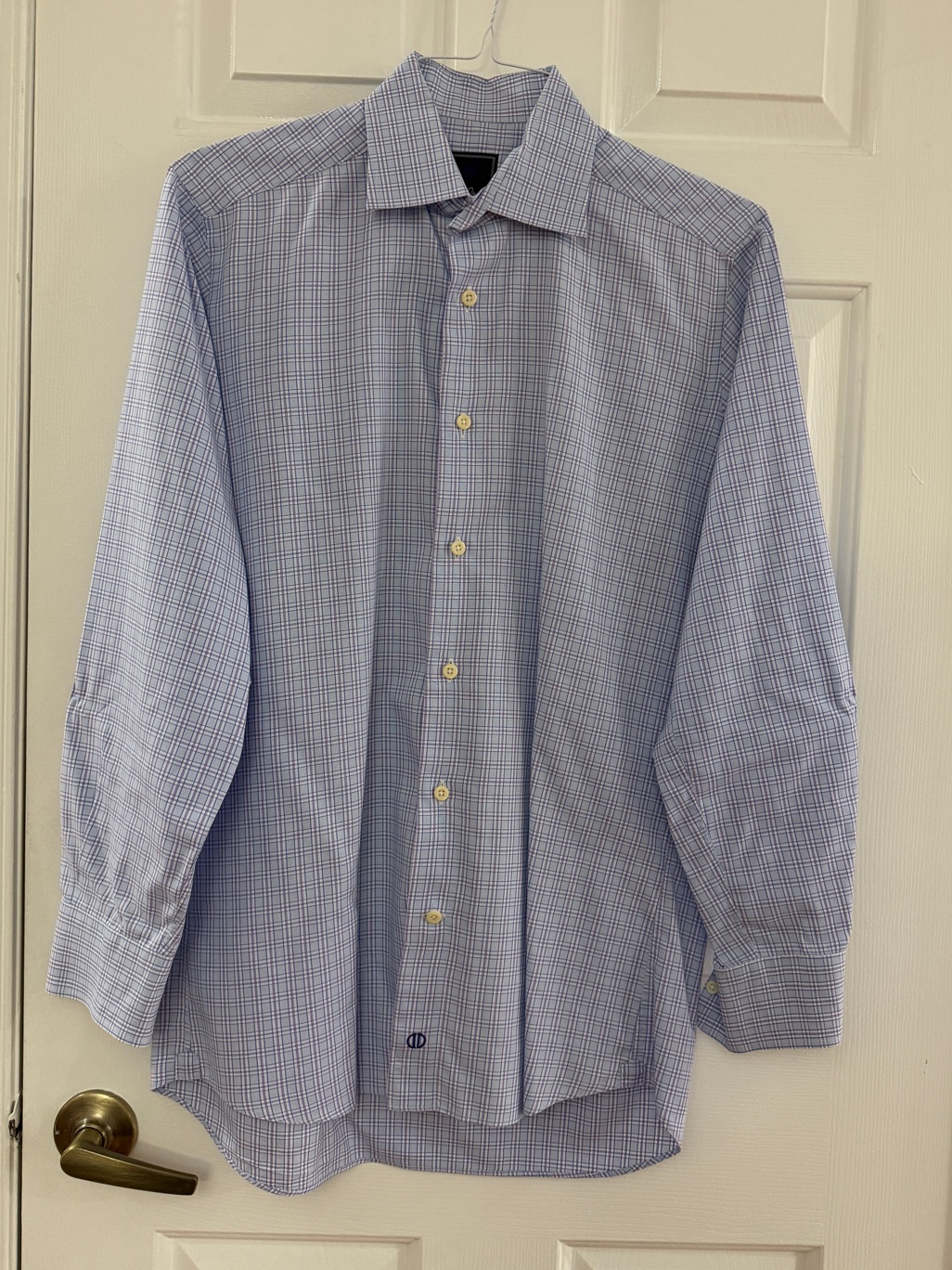 David Donahue Blue And White Windowpane Dress Shirt